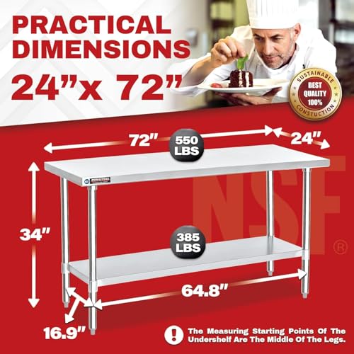Image of DuraSteel 24x72 Stainless Steel Work Table - NSF Commercial Prep Metal Table - Outdoor Pizza Oven Stand w /Under Shelf - Kitchen Island Laundry Utility Garage Microwave Stand Rolling Storage Cart Vevo