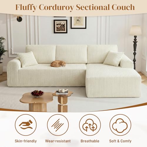 Image of 110 inch L Shaped Boneless Sectional Couches for Living Room, Comfy Corduroy Floor Cloud Sofa with Chaise, Wide Armrest, Deep Seat, Memory Foam, Assembly Free, Ideal for Small Spaces, Beige