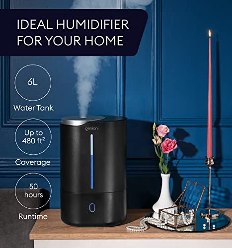 Top Fill Humidifier With Essential Oil Diffuser 6L For Home, Baby, Bedroom, Large Room & Indoor Plants, Cool Mist Ultrasonic Quiet Air Humidifiers, Automatic Humidity Control, Night Light (Black) #TOP1