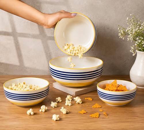 Image of Niyara Stoneware Handmade Ceramic Stylish Premium Serving Bowls /Salad Tray Microwave Dishwasher Safe Set of 4 (Yellow & Blue Striped)
