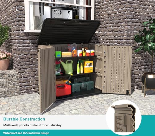 Image of KINYING Outdoor Storage Shed - Horizontal Storage Cabinet Waterproof for Garden, Patio, Backyard, Storage Box for Easy Storage of Garbage Cans, Tools, Lawn Mower, 26 Cubic Feet,Dark Brown
