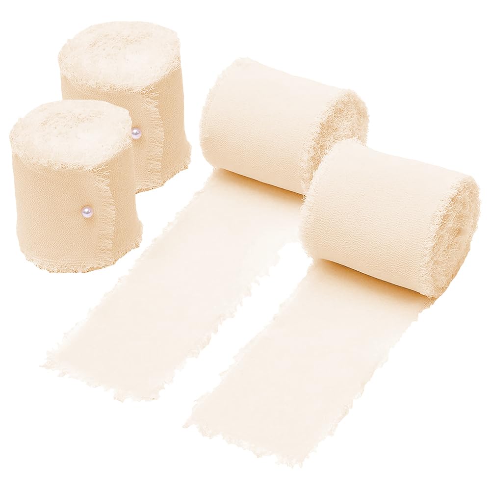 FSSTUD 4 Rolls 4cm Wide Fringe Chiffon Ribbons Gift Wrapping Fringe Ribbon Flower Bouquet Ribbon Wedding Invitation Ribbon Frayed Edge Ribbon Rolls Craft Decorative Ribbon Champagne Color