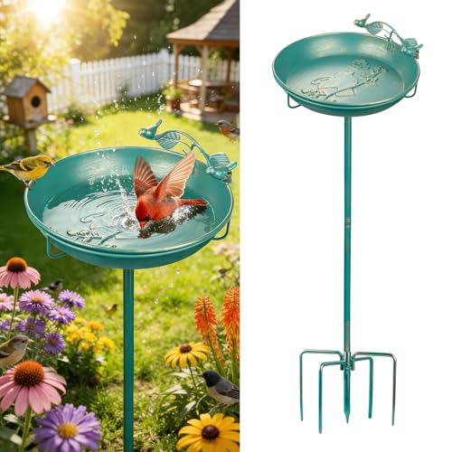 Mellbree Vogeltränke Stehend Großes Vogelbad mit Sitzstange Multifunktional für Garten Metall Vogeltränke in Seeblau mit Goldverzierung lockt zahlreiche Vogelarten an. (30cm)