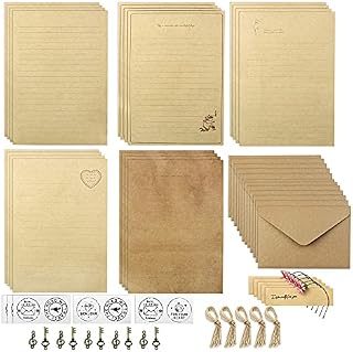 YapitHome 5 Sets Envelopes Set, 20 Sheets Kraft Writing Stationary Paper, 10 Pcs Envelopes, 10 Pcs Metal Retro Keys Accessories, 10 Pcs 1m Hemp Rope, 15 Pcs Sealing Stickers, 5 Pcs Pink Daisies