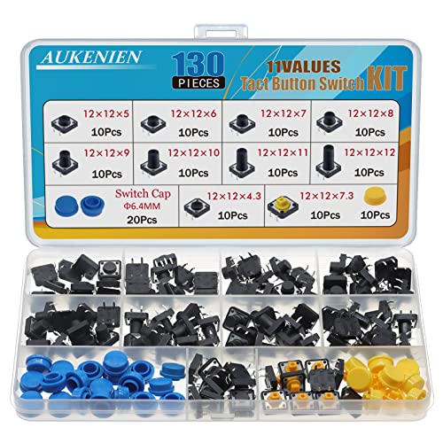 AUKENIEN 130 Pièce 12MM x 12MM Bouton Poussoir Electronique Interrupteurs Tactiles Momentanés 4 broches Kit d'assortiment avec Push Button Capuchons Cover
