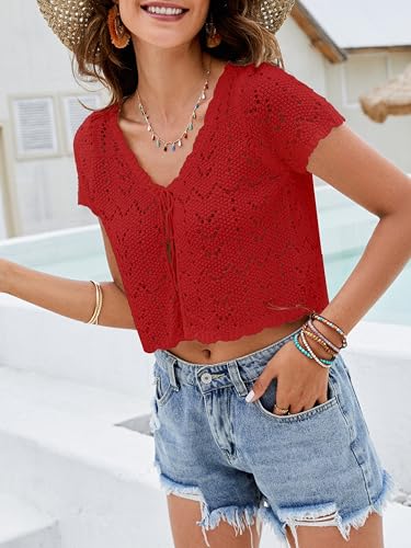 Image of Women's Crochet Shrug Knit Sweater, Short Sleeve Tie-Front Cropped Cardigan | Lightweight Open-Knit Bolero Tops, Cute Boho V-Neck, Styled Over Evening Dresses, Spring Summer Layering, Beach Cover-Up