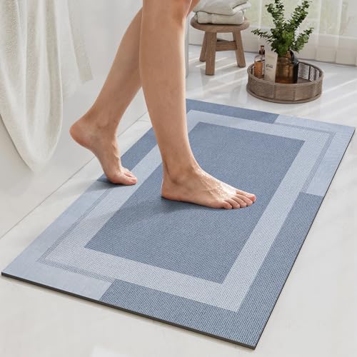 YDKGL Non Slip Bath Mat, Rubber Backing Ultra Thin Bathroom Rugs Fit Under Door Quick Dry Super Absorbent Washable Bath Rug Shower Mat for Bathroom Floor Bathtub Shower Sink, Easy Care Blue 16'x 24'