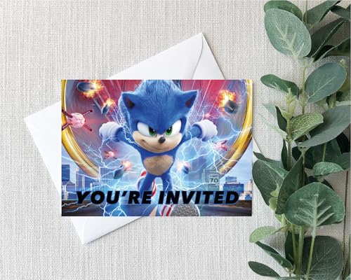 Smith Bros Printers 1898 Sonic Convites de dupla face A6 (WRITE ON) para festa de aniversário (embalagem de 24 envelopes e 24 decalques com texto em inglês 'Thanks For Coming To My Party', 30 mm)