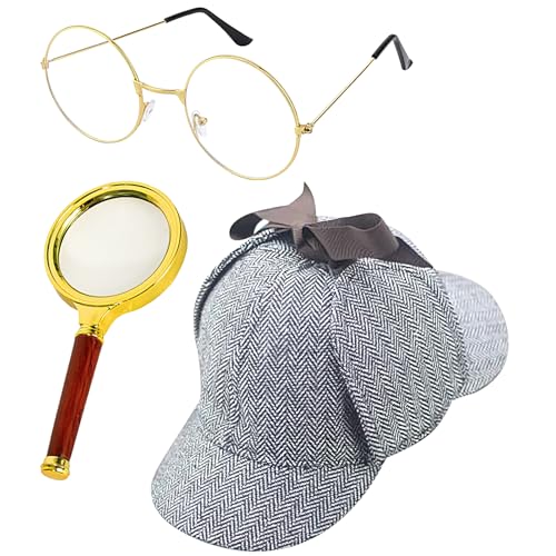 Juego de accesorios de disfraz de detective, accesorios de cosplay de detective, accesorios de cosplay, sombrero, lupa para mujer, hombre, niña, Halloween, fiesta, actuación en escenario