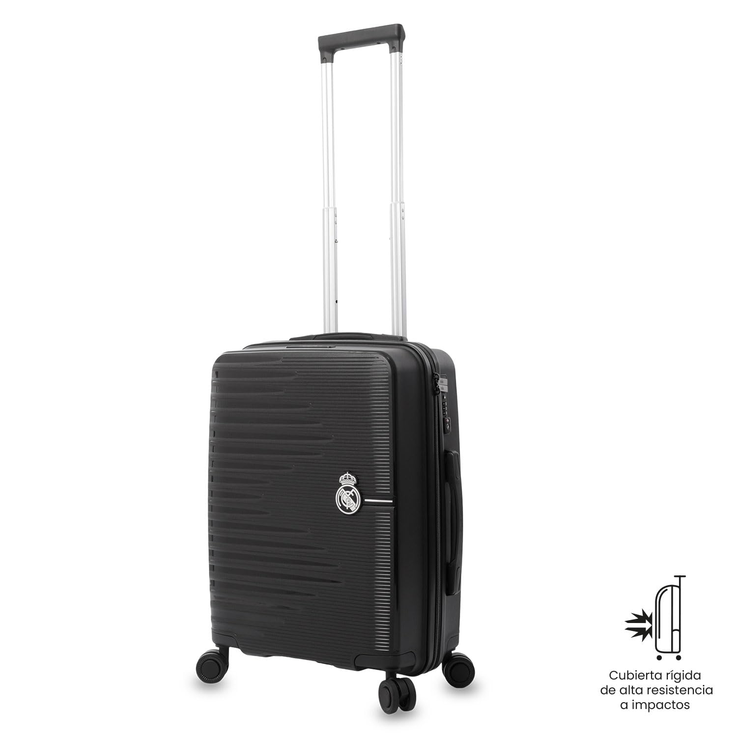 TOTTO - Maleta Cabina Real Madrid, 35.5 x 47 x 21.5 cm, Capacidad 35L, Maleta de Viaje rígida Resistente a Impactos, Ruedas 360º, Manija Telescópica, Correas Internas, Candado 3 Dígitos, Color Negro