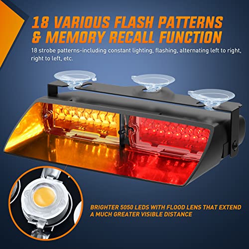 Image of Nilight Emergency Strobe Lights, Windshield Hazard Warning Safety Flash Lights with Suction Cups, 16 LEDs, Amber and Red, ABS Housing, 2 Year Warranty
