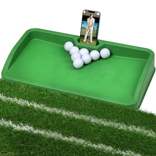 DCQ Commercial Golf Ball Tray with Cell Phone Holder 100 Ball Capacity Heavy-Duty Rubber Compatible with All Golf Hitting Mats Indoor & Outdoor Training Golf Ball Holder for Mat