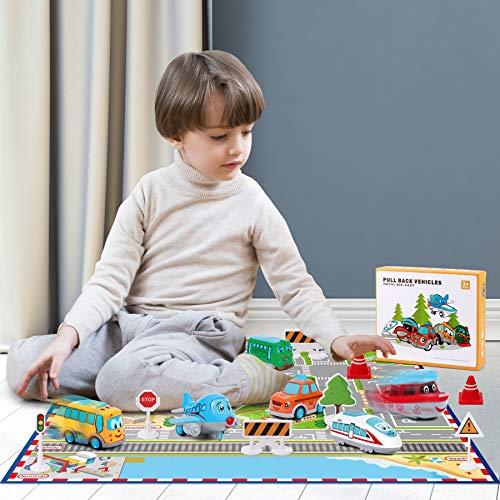 Pull Back Vehicle Toys with Play Mat, Cute Cartoon Pull Back Truck Toy Car for Toddler with Mini Airplane Road Sign, Small Metal Diecast Vehicles Gift for Boys Girls Kids