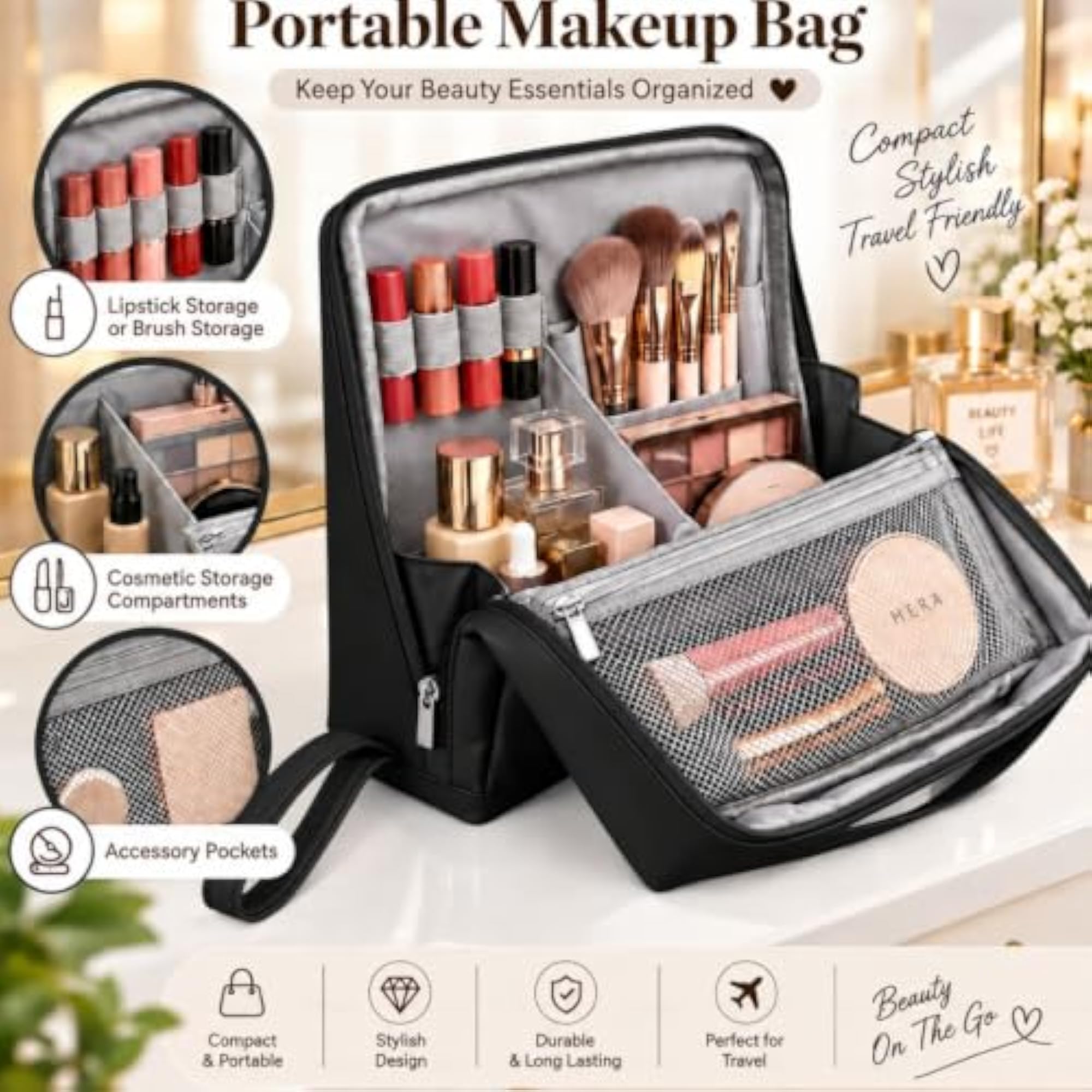 Standing Makeup Bag for Women, Travel Cosmetic Organizer