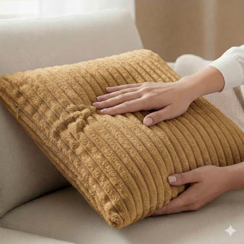 Image of Yellow Weaves Pencil-Stripe Fur Cushion Covers | Soft Polyester | Decorative Sofa & Throw Pillow Covers | 16x16 Inches, Pack of 3 (Golden Brown)