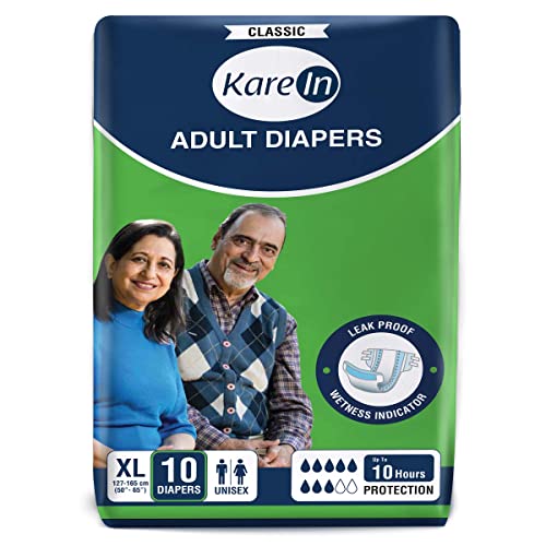 KareIn Classic Adult Diapers, Extra Large, Waist Size 127-165 Cm (50″-65″), Tape Style, Unisex, High Absorbency, Leak Proof, Wetness Indicator, 10 Count