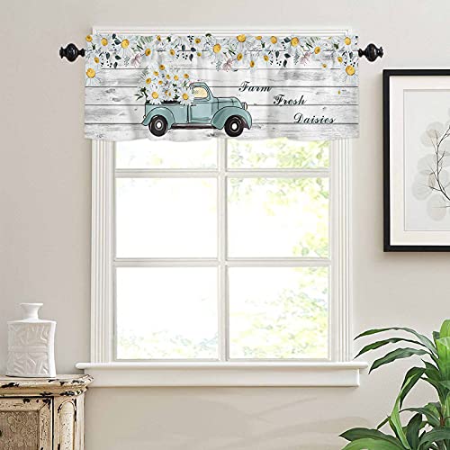 Applebless Curtain Valances For Living Room Blue Truck Daisy Rod Pocket Short Window Valance Vintage Wood Short Kitchen Window Treatment Valances For Bedroom Bathroom（1 Panel,54X18 Inch） #TOP2