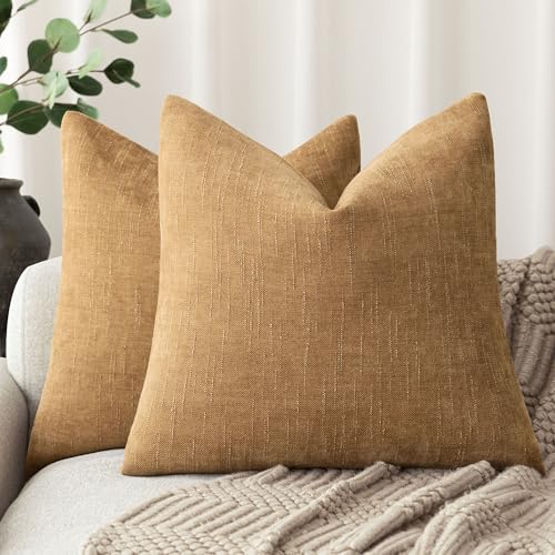 Image of Foindtower Set of 2 Soft Textured Chenille Throw Decorative Pillow Covers Square Accent Solid Cushion Cover Neutral Farmhouse Pillow Case for Couch Sofa Bedroom Living Room 18x18 Inch,Golden Brown