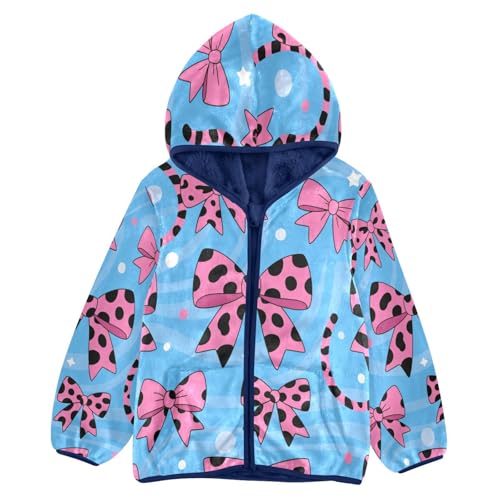 Pink Bow on Blue Toddler Fleece Jacket Girl Boys Hooded Fleece Jacket Coat Warm Outwear Zip-up 3-10T