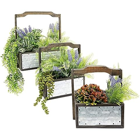 Farmlyn Creek Galvanised Metal Planters, 3-Pack of Rectangular Plant Pots with Wood Accents and Handles in 3 Sizes, 3-Piece Set Cover