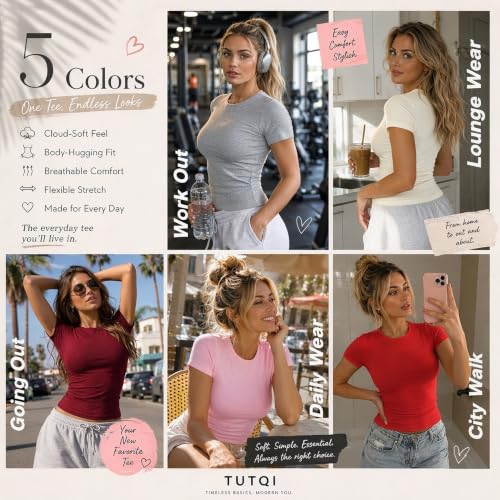 Womens Short Sleeve Tops Basic Cotton T Shirts Fitted Casual Summer Tees - image 8