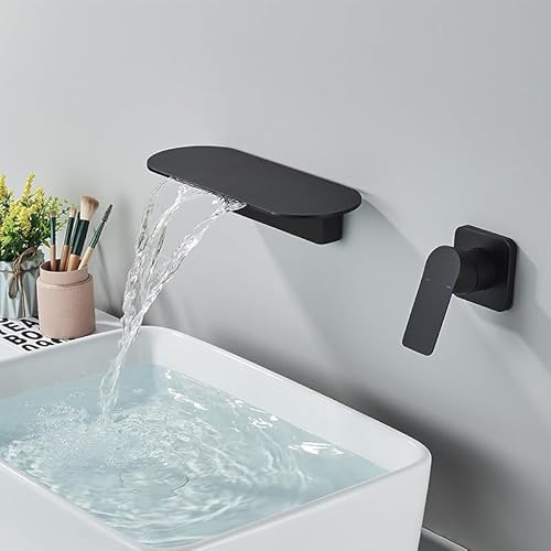 Matte Black Waterfall Basin Faucet Wall Mounted Bathroom Chrome Shelf Platform Hot Cold Water Mixer Tap(Matte Black B)