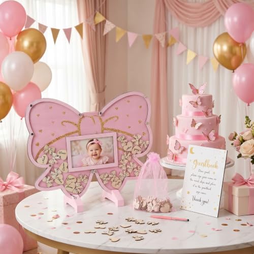 Image of Kosiz Pink Bow Baby Shower Guest Book, Coquette Aesthetic Acrylic Guest Book Alternative with Wooden Bows and Hearts for 60 Guests, Baby Shower Sign and Nursery Keepsake