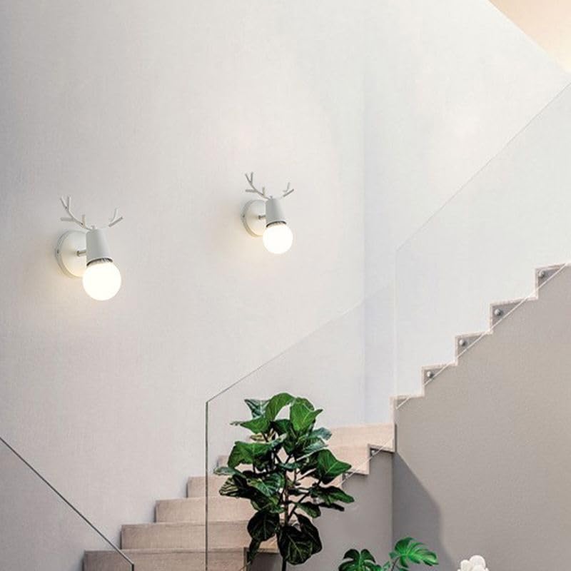 Image of LITFAD Minimalist Wall Sconce Deer Horn Shape Wall Light Modern Wall Mounted Lamps Single Light Exposed Bulb Design Wall Lighting Fixtures for for Hallway, Bedroom, Living Room, Bathroom,White