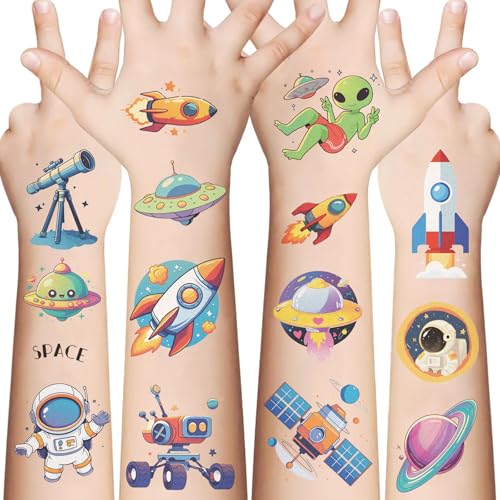 Photo de BSITSSS 20 Feuilles Tatouage Ephemere Espace, Astronaute Planète Fusée Faux Tatouage Temporaire, Autocollants Tattoo Ephemere pour Garçons et Filles Anniversaire Fêtes