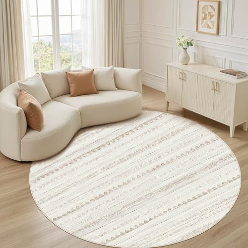Nakagishi Round Rug Boho Area Rugs: 8x8 Washable Large Circle Neutral Soft Stain Resistant Non-Slip Carpet for Women Aged 25-45 Farmhouse Decor Enthusiasts - Living Room Bedroom Dining Room Nursery