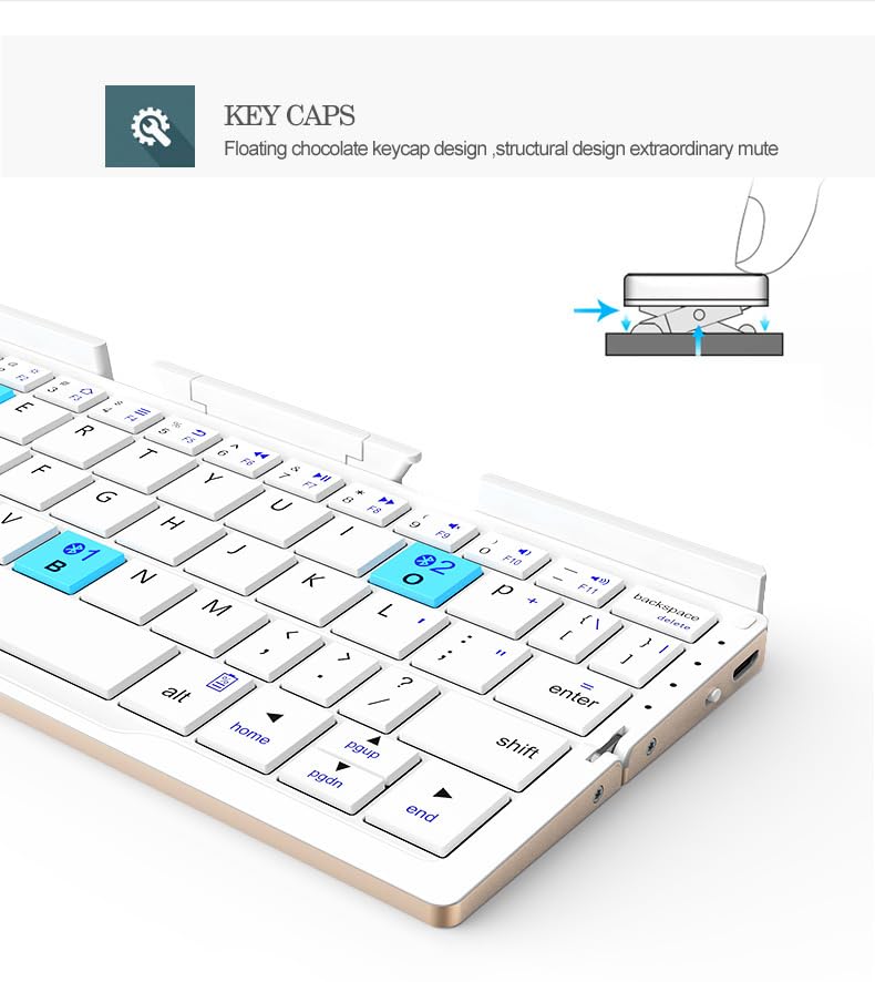 Diagram illustrating the floating chocolate keycap design of the JOMAA Mini Foldable Bluetooth Keyboard.