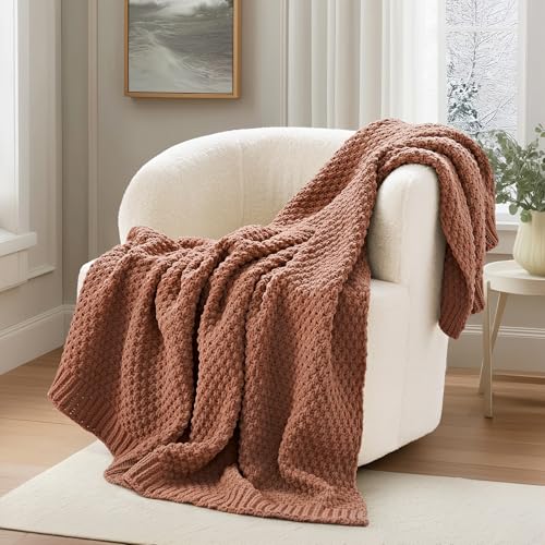 EVERGRACEHOME Chunky Chenille Knit Throw Blanket for Couch Soft Luxurious Moss Stitch Blankets for Bed Cozy Decorative Farmhouse Knitted Throws for Sofa Terracotta Clay 50 x 60
