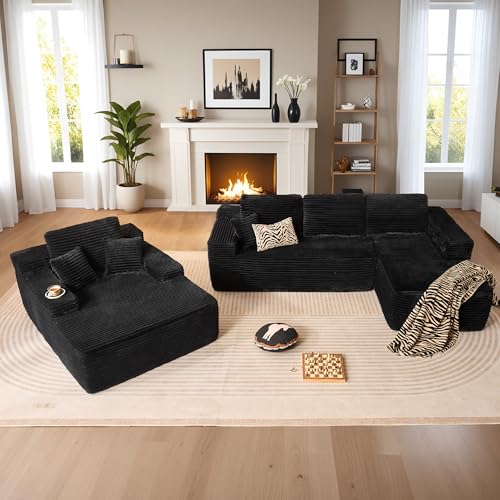 Image of HOOOWOOO Cloud Sectional Couches for Living Room,Modular Sectional Sofa No Assembly,Plush Corduroy Large Floor Couch Furniture Set with Deep Seat Right L Shape and Chaise Lounge(Black)