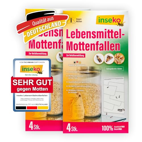 inseko 8X Lebensmittelmottenfalle mit maximaler Lockwirkung – Pheromonfalle & Klebefalle gegen Motten in Küche & Vorratsschrank – Geruchlos & insektizidfrei – Made in Germany