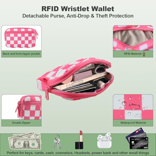 Image of YFWE Clip and Go Strap for Phone with Wallet Crossbody, Adjustable Phone Lanyard with Detachable RFID Wristlet Wallet, Phone Strap with Phone Tabs for All Phones, Pink Checkered (M)