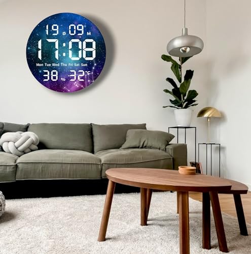 Image of Amazon Brand - Umi Galaxy Design Digital LED Wall Clock USB Tabletop Picture Clock Time Date Day Month Temperature & Humidity 12 /24 Hour Format Modern Decorative Clock for Living Room Bedroom Office