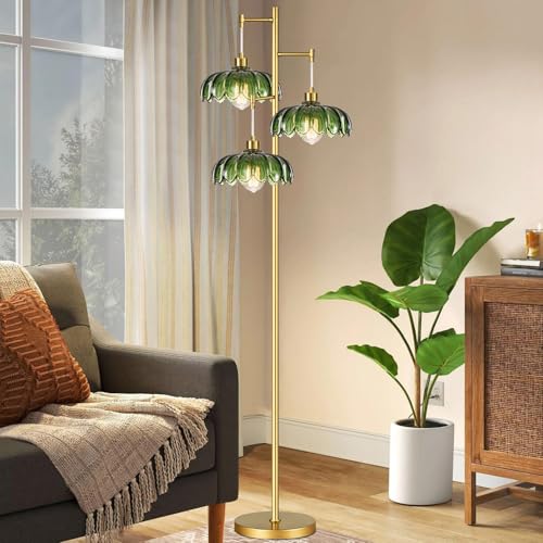 Image of QIYIZM Glass Floor Lamp for Living Room,Bedroom,Mid Century Modern Standing Lamp Brass Tree 3 Light Tall Floor Lamps Vintage Retro Floor Lights Gold Green Flower Lamp Shade Farmhouse Boho Bohemian