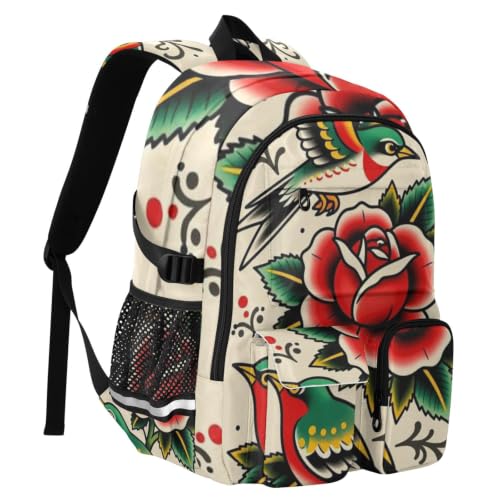 Mochila para laptop rosa con golondrinas estilo tatuaje tradicional para niñas 2
