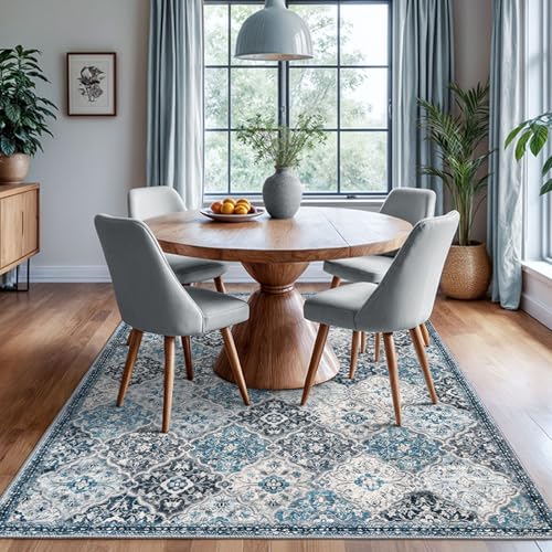 KILOCOCO 6x9 Area Rug, Moroccan Super Soft Vintage Washable Living Room Rug, Large Non-Slip Print Faux Wool Throw Rug for Entryway Bedroom Office Carpet, Blue/Multi
