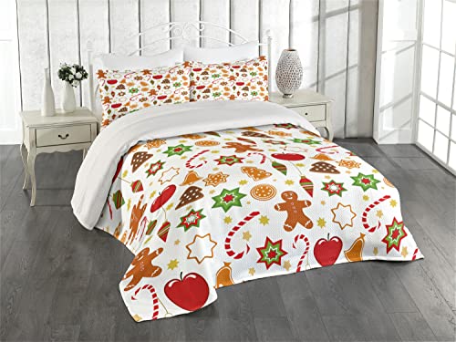 Ambesonne Gingerbread Man Coverlet, Christmas Graphic Pattern Star Cookies Apples Bells, 3 Piece Decorative Quilted Bedspread Set with 2 Pillow Shams, Queen Size, Red Cinnamon
