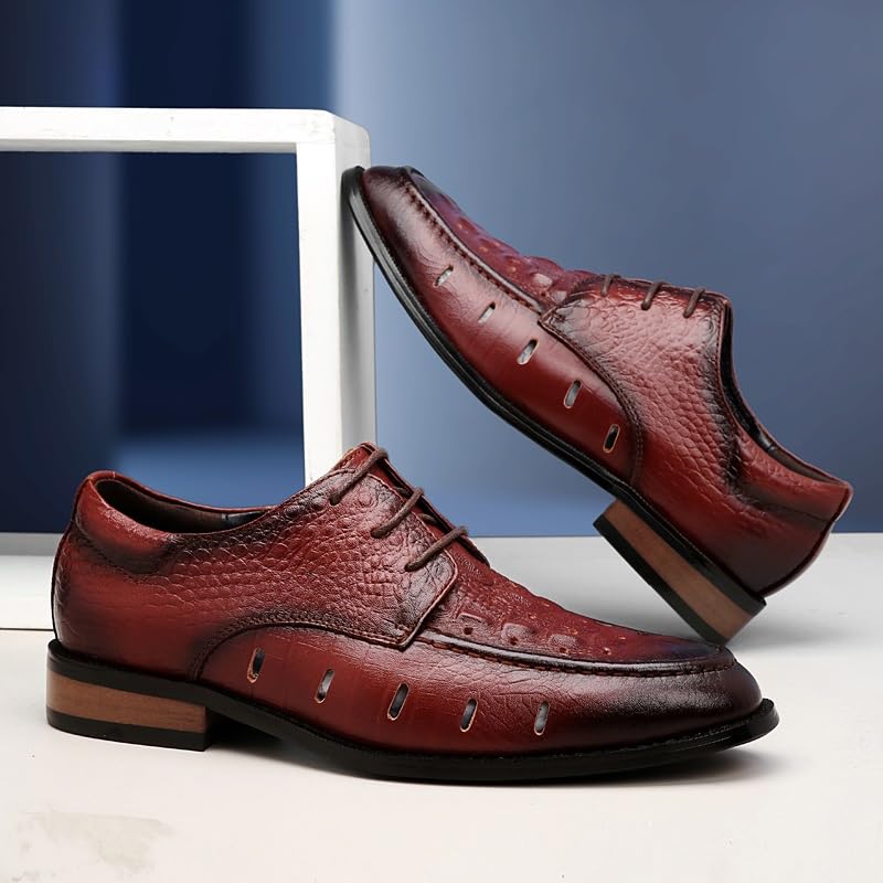 HOOENG Dress Shoes for Men Lace Up Round Burnished Toe Genuine Leather Crocodile Print Derby Shoes Anti-Slip Slip Resistant Block Heel Classic(Color:Brown Hollow Out,Size:11.5)3