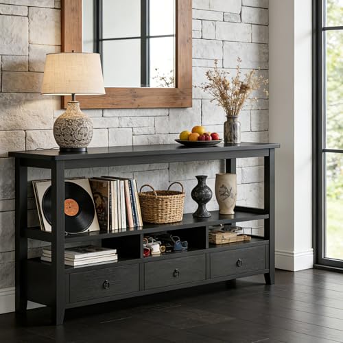 Karl home Console Table with 3 Bottom Drawers, 57.9' W Sofa Side Table Entryway Desk with 3 Storage Cubbies 1 Open Shelf, Vintage TV Stand for Hallway Living Room Office, Black 29.9' H