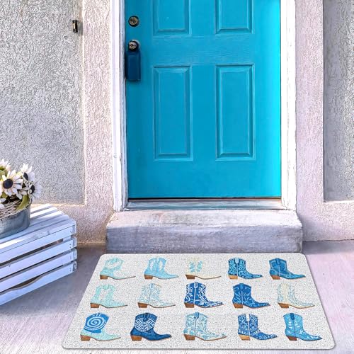 RYYCDOI Trendy Blue Western Door Mat, Preppy Coastal Cowgirl Boots Welcome Mats Doormat for Front Door Porch Indoor Outside Entrance Entryway, Western Bath Mat, 17x30 Inch - Image 7