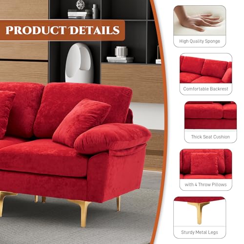 Image of OUYESSIR U-Shaped Sectional Sofa Couch, 4 Seat Sofa Set for Living Room, Convertible L-Shaped Velvet Couch Set with Chaise Lounge, Ottoman and Pillows,114 inches (Red)