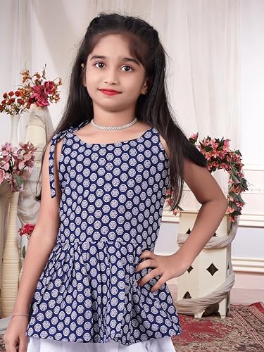 Image of Girls Ethnic Printed Peplum Top and White Dhoti Pant Set | Stylish Sleeveless Kurti with Comfortable Bottom | Traditional Festive Outfit for Kids
