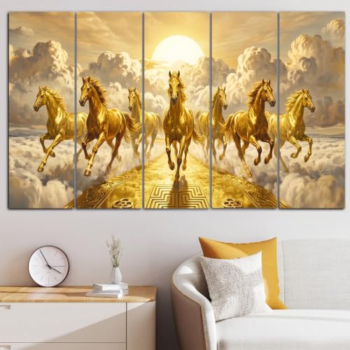 Image of Spacter Goldan 7 Horses Wall Painting for Living Room Big Size - 7 Running Horses Painting Vastu for Bedroom, Office, Hotel - Wall Decor Digital Painting Wooden Framed for Gifting (30x60inch)