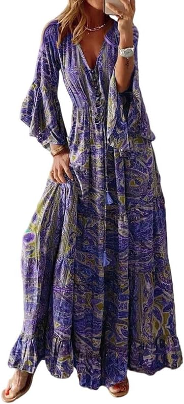 Womens Red Boho Long Sleeve Maxi Dresses Oversized Vintage Graphic Print Casual Flowy Long Dress for Fall Spring