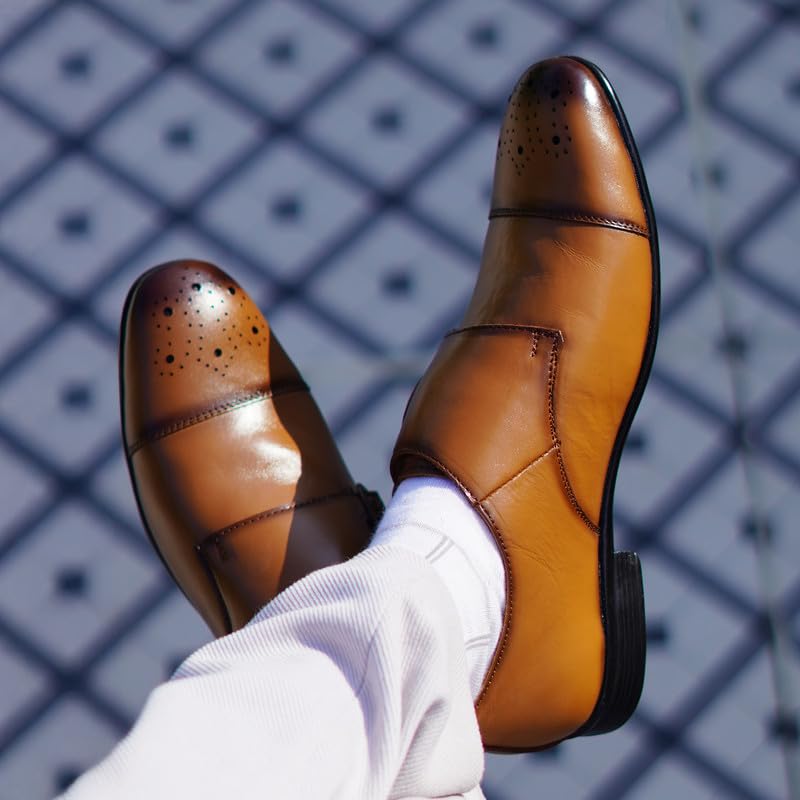 Image of MATR Strap Me Down Men's Tan Leather Double Monk Strap Shoes ? Brogue Toe Formal Footwear