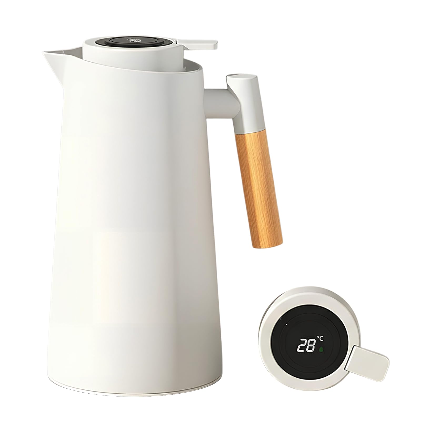 Colexy Caraffa Termica da Caffè 1L Thermos con Indicatore di Temperatura Caraffa Termica con Manico in Legno Bollitore per Acqua Isolata Teiera da Tè Mantiene Caldo Freddo Per Caffè Latte Tè (Bianco)