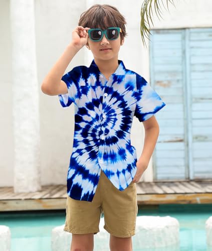 Image of uideazone Boys Tie Dye Button Down Shirt Size 7 Size 8 Cool Funky Shirts Kids Short Sleeve Beach Luau Blouse for Casual Vacation 7-8 Years